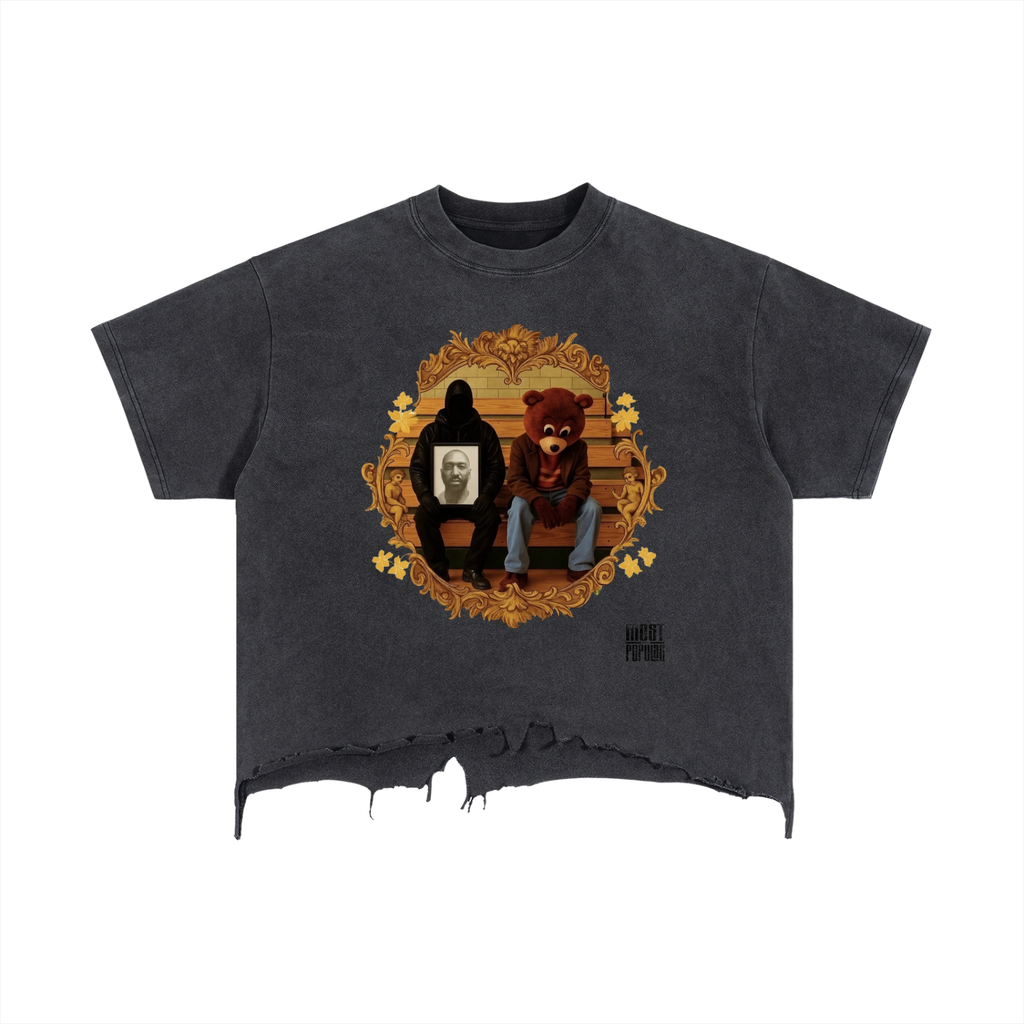 Kanye West - College Dropout x Vultures 2 - Vintage Wash Boxy Distressed Hem T-Shirt Black