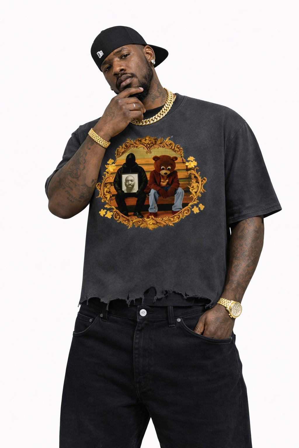 Kanye West - College Dropout x Vultures 2 - Vintage Wash Boxy Distressed Hem T-Shirt Black